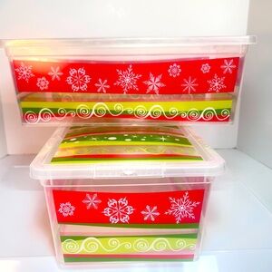 Two Festive Red/Green/White Clear Storage Christmas Containers with Lids.   New